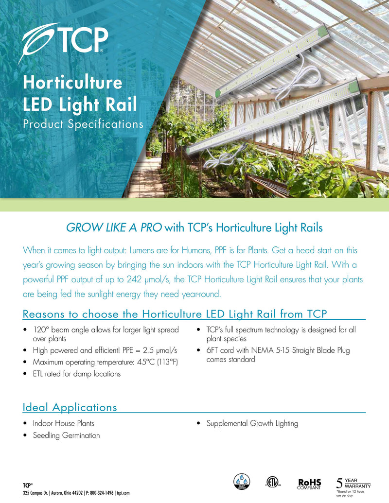 TCP RHLR4UZDA2VG Horticulture LED Light Rail – 4FT, 100W, Full Spectrum, 242 PPF Output