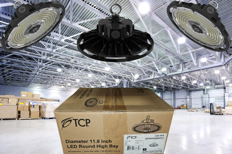 TCP EUFOUZDSW4CCT UFO LED High Bay Light – Dimmable, Selectable Wattage & CCT, IP65 Waterproof for Commercial and Industrial Use